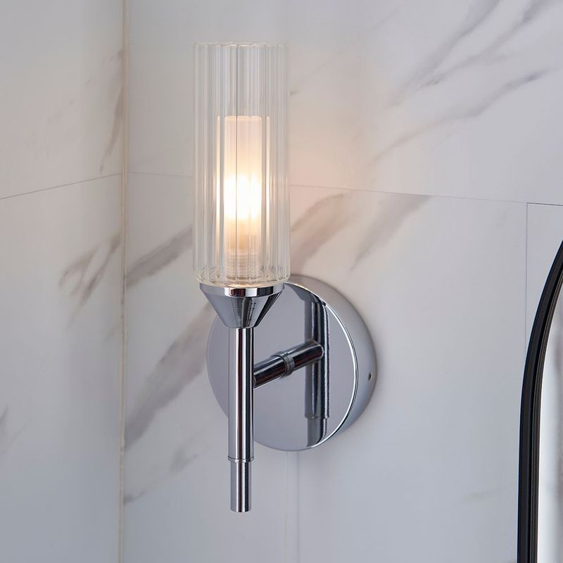 ​Polished Chrome Wall Light – Ribbed Glass Torch Design (IP44 Rated)