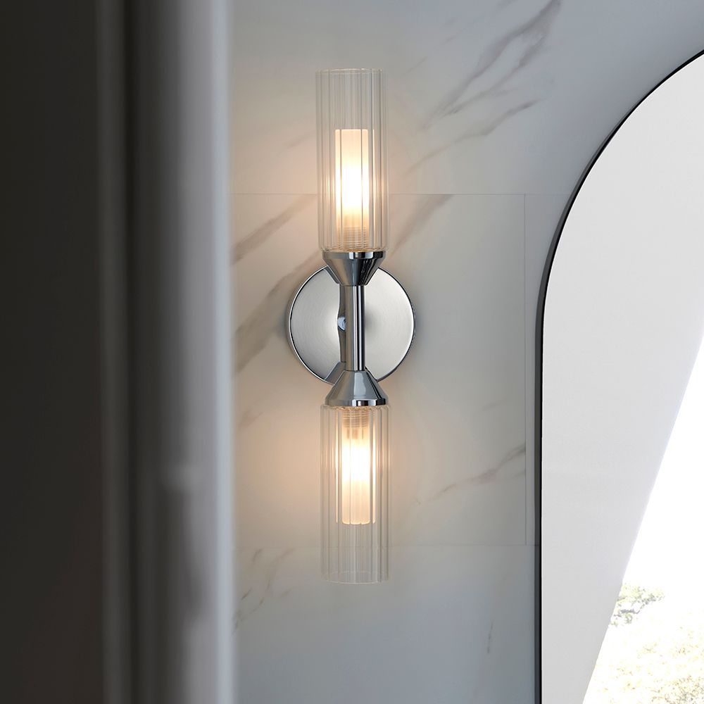 Polished Chrome Double Wall Light – Adjustable Ribbed Glass Design (IP44 Rated)