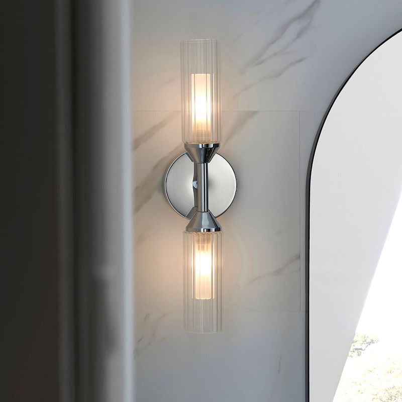 Polished Chrome Double Wall Light – Adjustable Ribbed Glass Design (IP44 Rated)