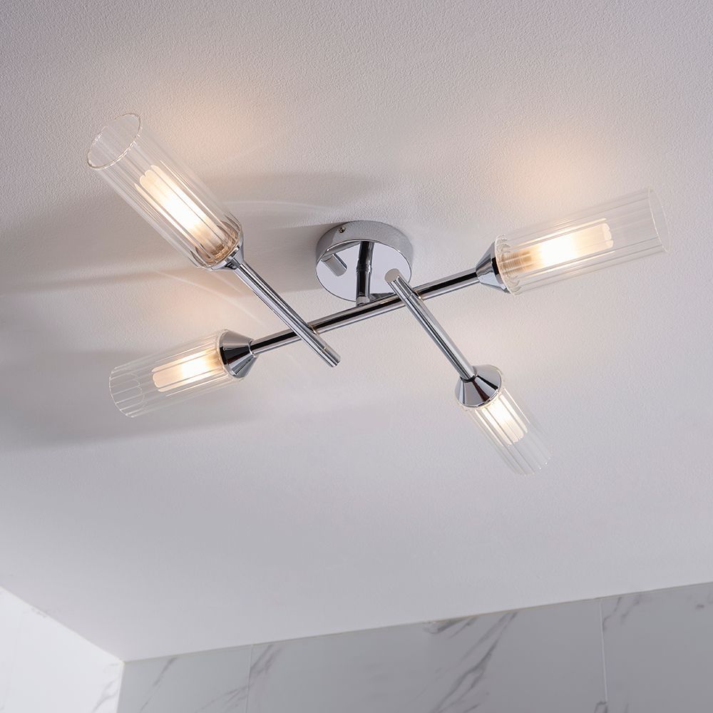 Geometric Bathroom Ceiling Light – Polished Chrome & Ribbed Glass – IP44 Rated