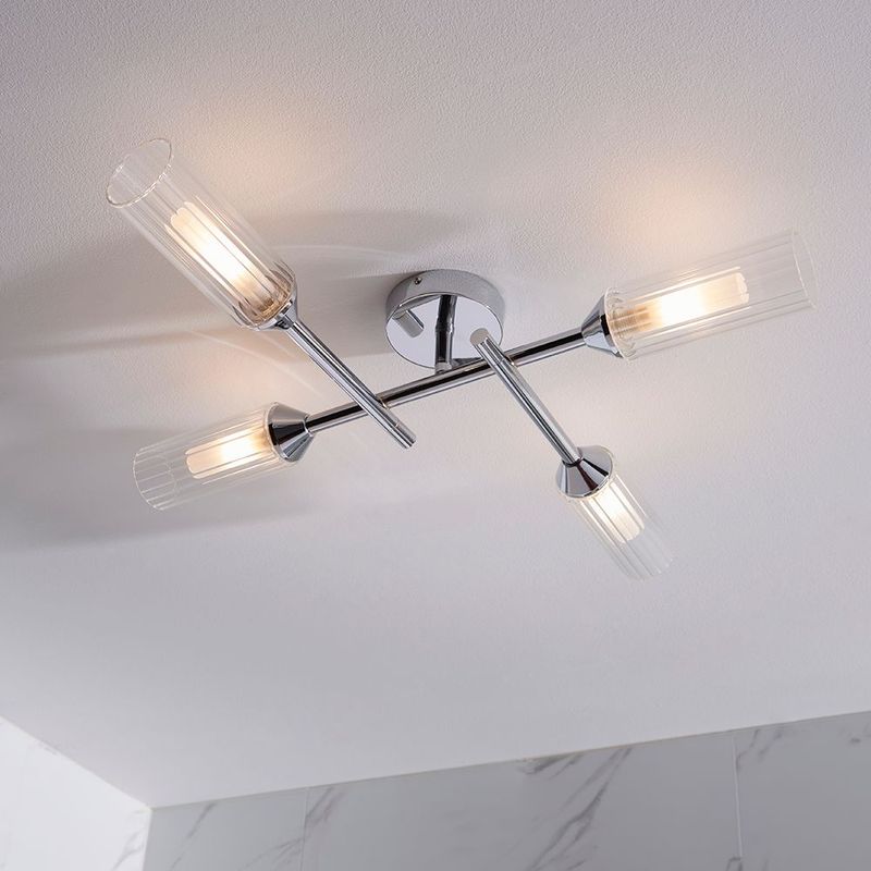 Geometric Bathroom Ceiling Light – Polished Chrome & Ribbed Glass – IP44 Rated