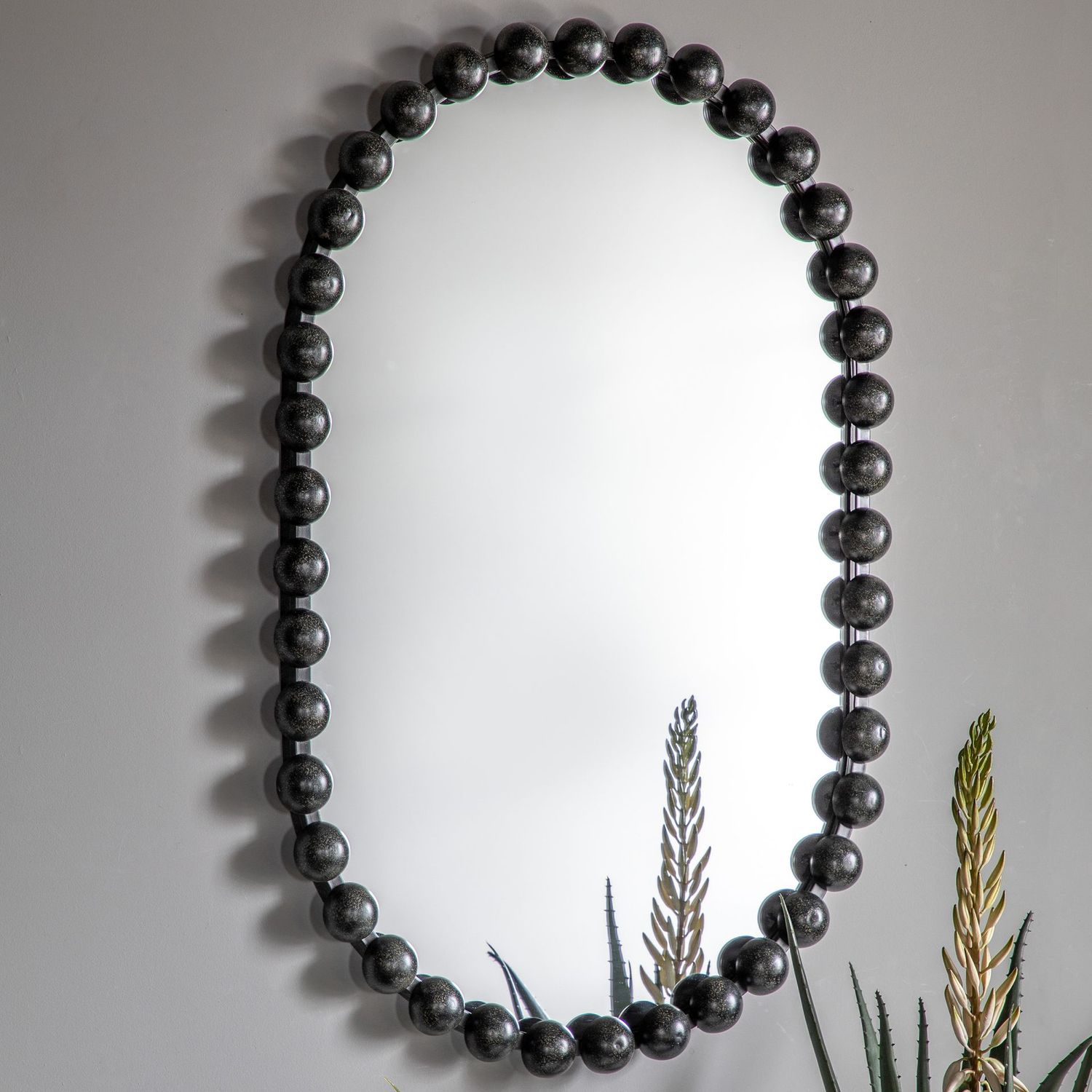 ​Aged Black Ellipse Mirror – Large Beaded Frame (80x50cm)