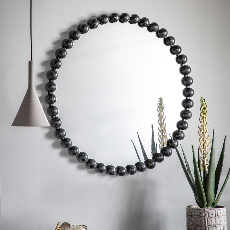 Aged Black Round Mirror – Beaded Metal Frame (70cm)
