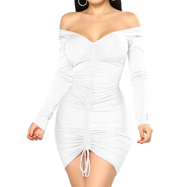 RONGHE new style mini dress sexy strapless V-neck drawstring lace pleated club evening dress women