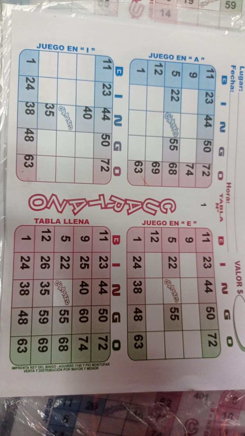 BINGO CUARTAZO 100 UNIDADES