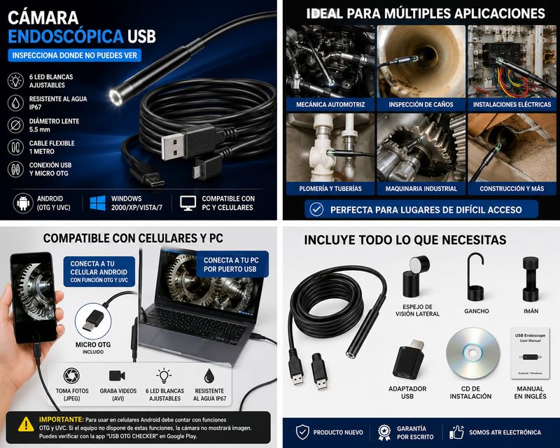 Camara Endoscopica USB 1M con Luz LED | Boroscopio para Celular y PC