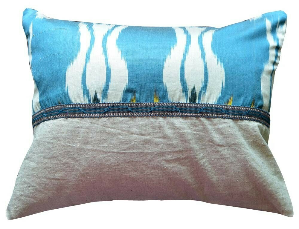 Turquoise blue ikat and linen boudoir size ikat pillow cover
