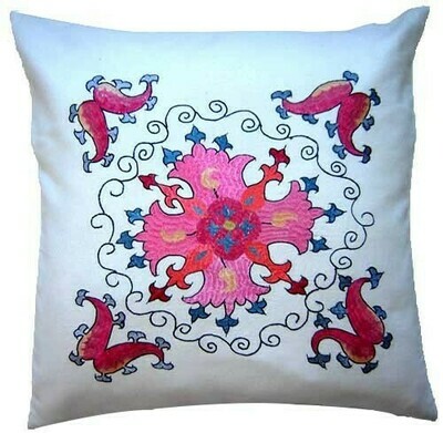 Pink and white floral suzani embroidered pillow cover