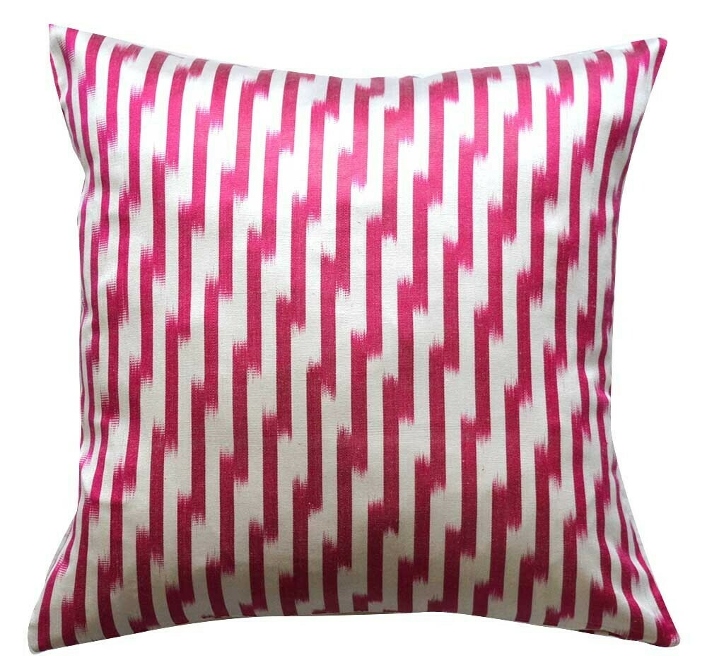 Square fuchsia and white Uzbek ikat geometric pillow cover