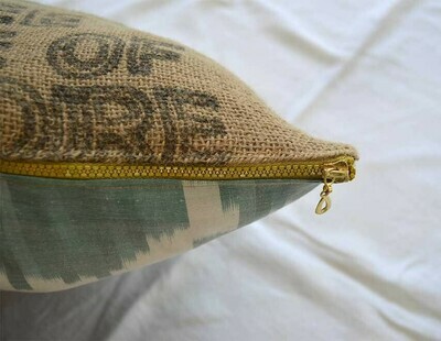 Green zigzag ikat and burlap square ikat pillow cover