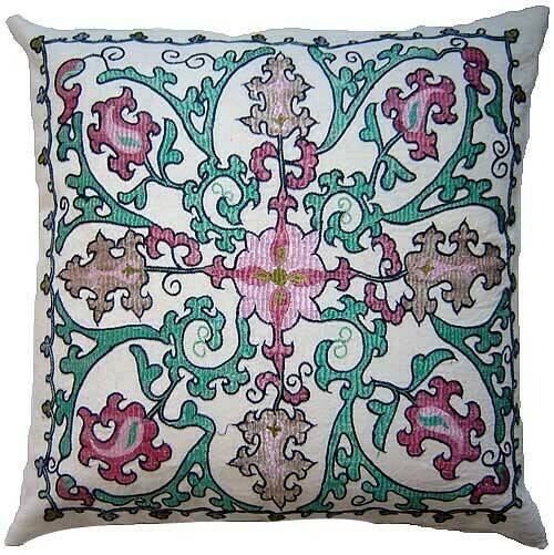 White and green floral suzani embroidered pillow  cover