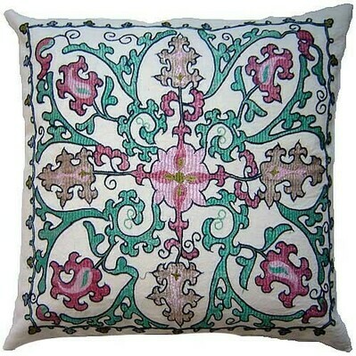 White and green floral suzani embroidered pillow cover