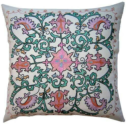 &quot;Roxanne&quot; hand embroidered suzani pillow cover in green and pink