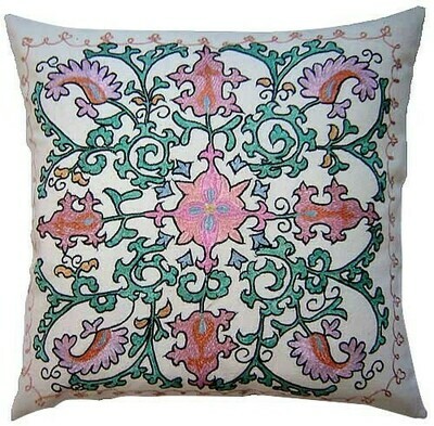 "Roxanne" hand embroidered suzani pillow cover in green and pink