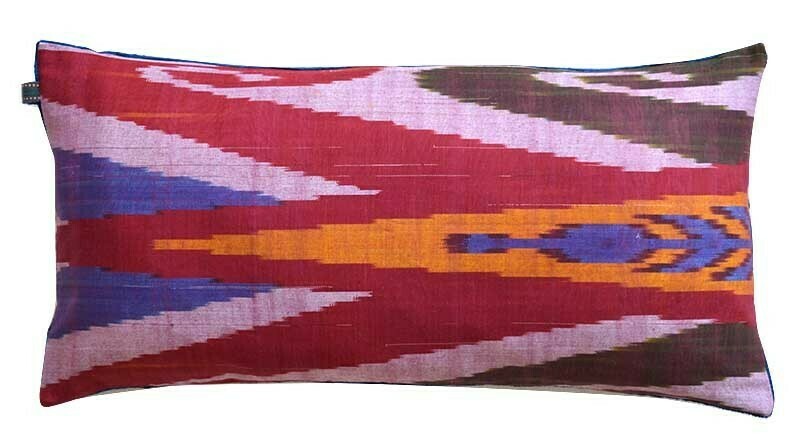 &quot;Ikat the Surreal&quot; red and blue velvet ikat pillow cover