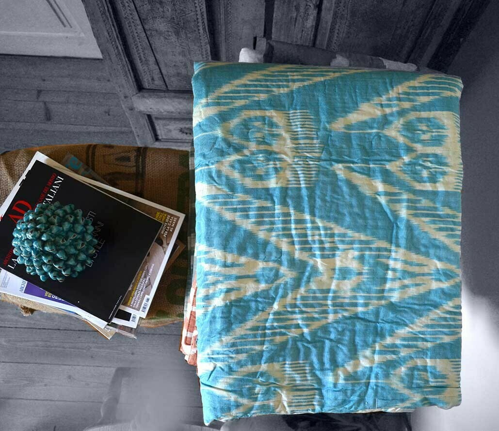 Blue ikat pattern bedspread