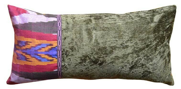 Olive green velvet with pink ikat  lumbar size ikat pillow cover