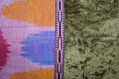 Olive green velvet with pink ikat  lumbar size ikat pillow cover