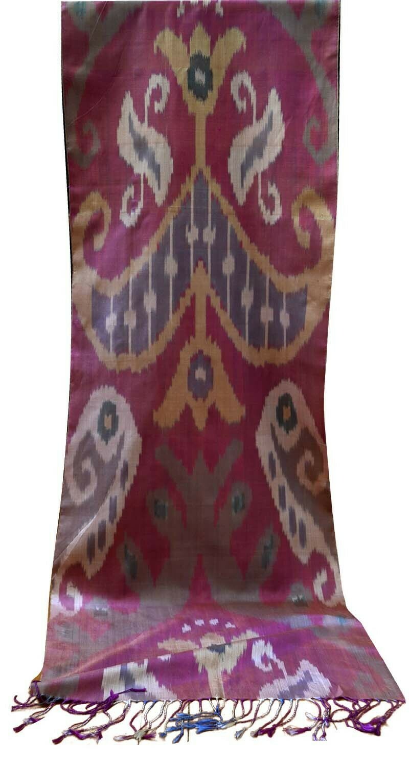 Red, taupe and beige pure silk ikat scarf
