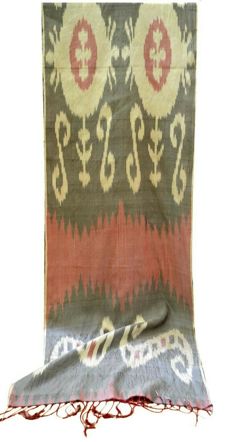 &quot;Legacy&quot; taupe, beige and coral pure silk ikat scarf