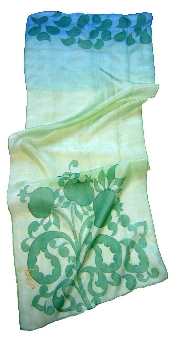 &quot;Pomegranates&quot; green silk batik scarf