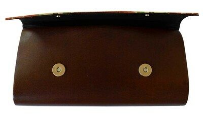 Yellow brown ikat clutch with an over a shoulder chain