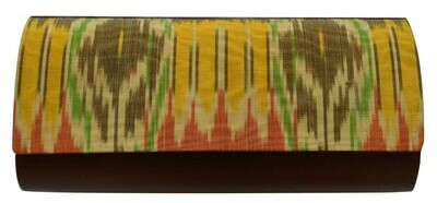 Yellow brown ikat clutch with an over a shoulder chain