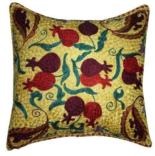 Yellow pomegranates suzani embroidered pillow cover