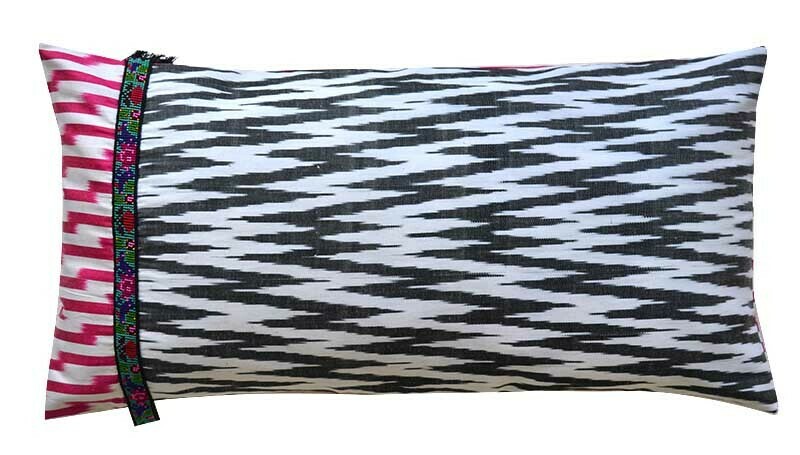 Black, white and hot pink zigzag lumbar ikat cushion cover