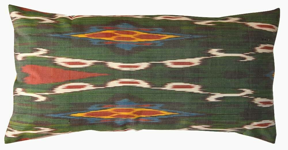 &quot;As Is&quot; #1 (small stain) - Peacock tail green lumbar ikat+ bekasab pillow cover