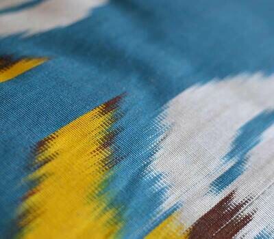 "Tulips on the turquoise" handwoven ikat fabric -LAST 1.15 METERS