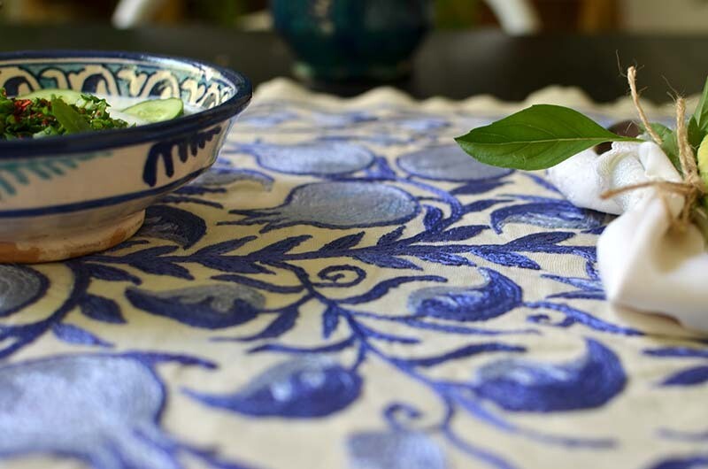 Blue and white pomegranates suzani fabric table runner