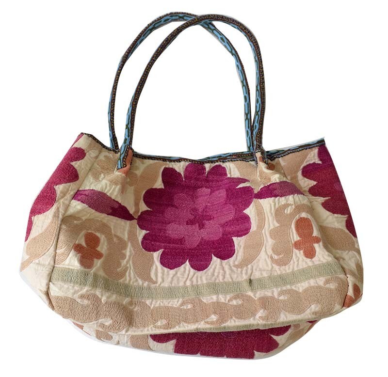 Reversible beige, fuchsia and pink suzani shoulder bag​