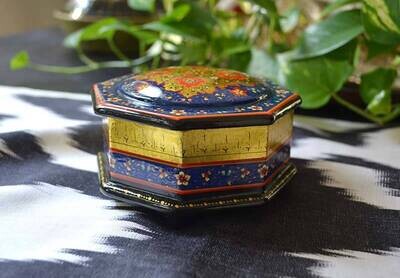 Blue dome octagon shaped hand painted lacquer jewelry box