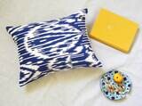 Blue and white vintage ikat print boudoir size pillow cover (solid back)