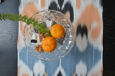 Peach and blue Uzbek ikat table runner