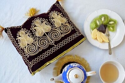 Golden metallic thread embroidered teapot cover