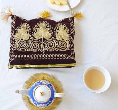 Golden metallic thread embroidered teapot cover