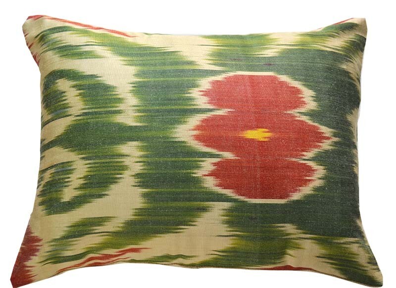 Green, red, beige boudoir ikat and linen pillow cover
