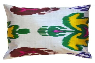 Silver-white, green, yellow red atlas ikat pillow cover