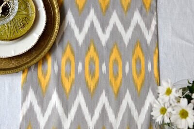 Gray, white and yellow geometric cotton ikat table runner