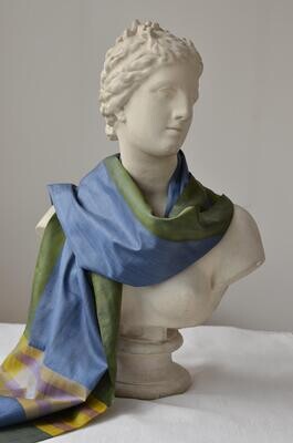 Blue and olive green pure silk scarf
