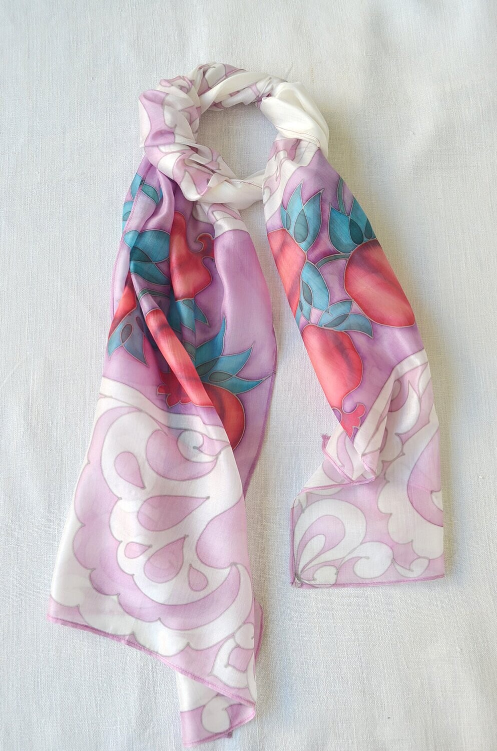 White, pink, red and green batik silk scarf with pomegranates
