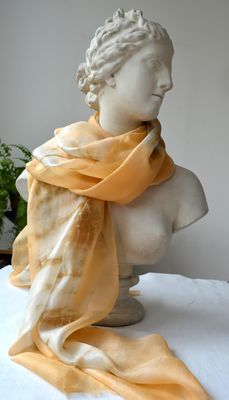 Tie-Dye Silk Scarf with Tiger Print - Cream, Orange, and Brown