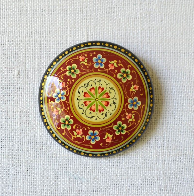 Joy – Hand-Painted Red and Beige Circular Lapel Pin, A Unique Accessory