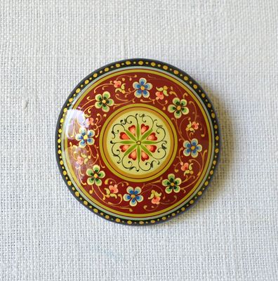 Joy – Hand-Painted Red and Beige Circular Lapel Pin, A Unique Accessory