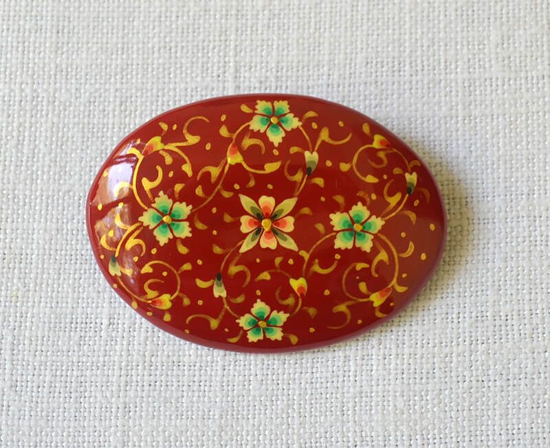Hand-Painted Red Oval Floral Brooch – A Timeless Lapel Pin From Uzbekistan