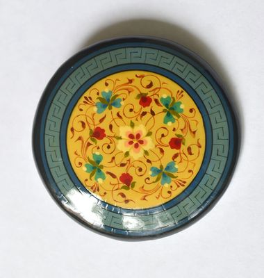 Elegant Teal Blue and Beige Round Hand-Painted Floral Lapel Pin by Koshib Omonov