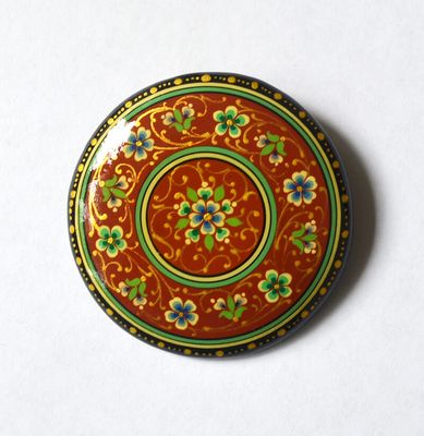 Hand-Painted Floral Lapel Pin with Gold and Black Accents