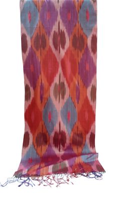 Multicolor red, turquoise, purple pure silk ikat scarf